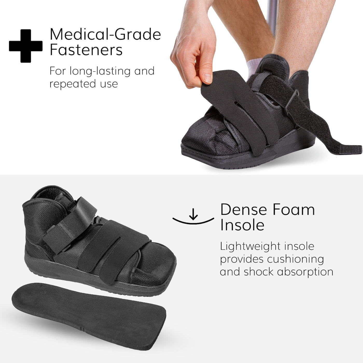 The BraceAbility fractured foot shoe is made with medical-grade fasteners for long-lasting and repeated use