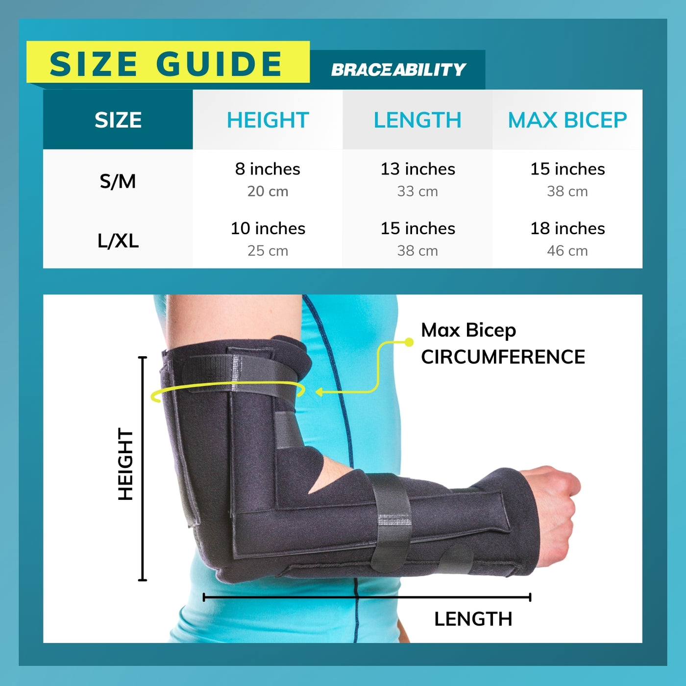 Sizing chart for elbow immobilizer and fracture splint. Available in sizes S/M and L/XL.