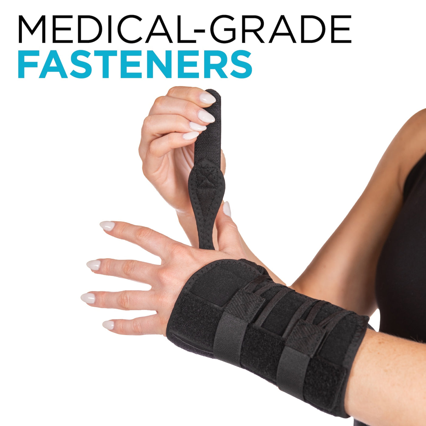 The ergonomic computer laptop gaming wrist brace has medical-grade fasteners keeping the brace in place all day