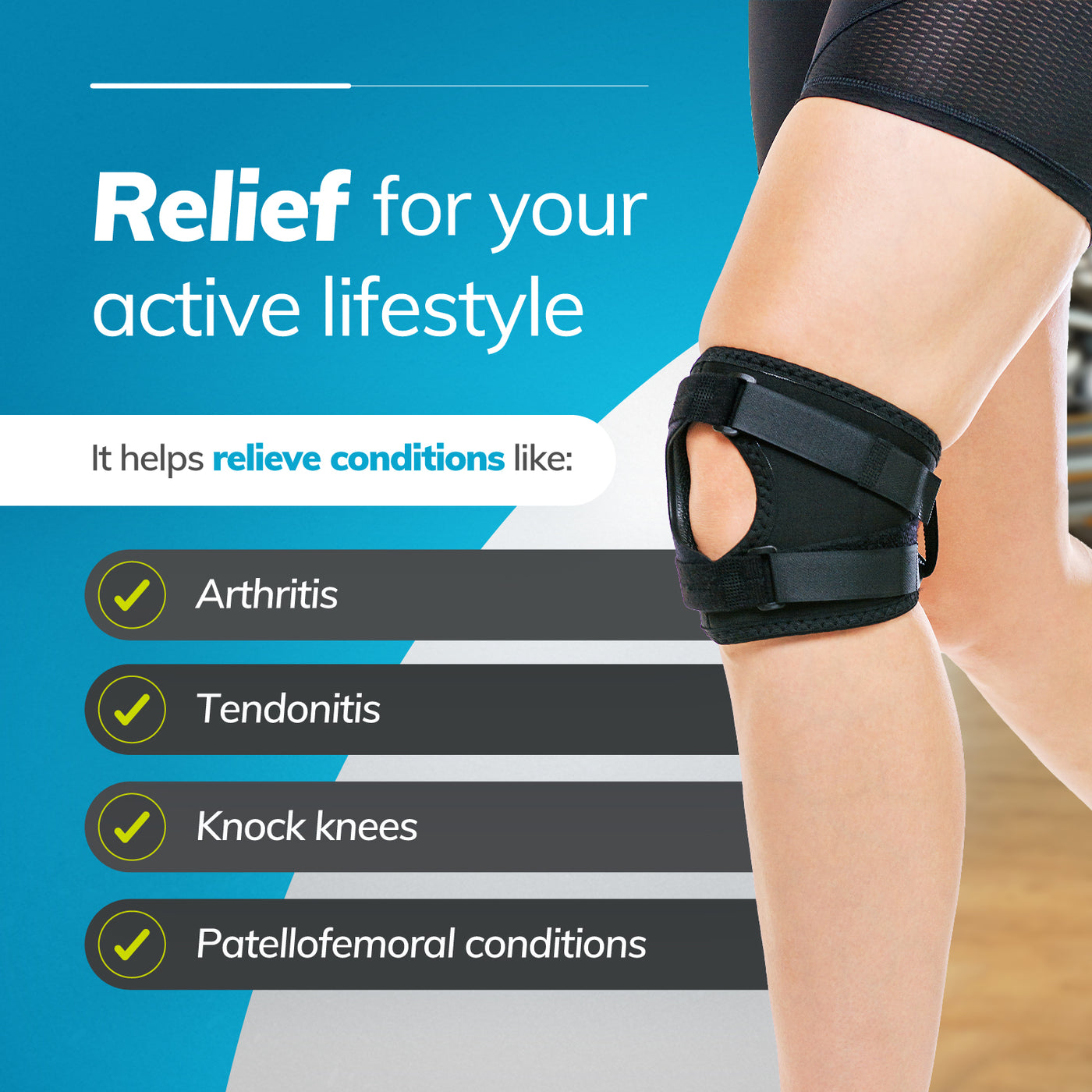 Relieve knee pain from arthritis, tendonitis, and knock knees with the BraceAbility short patella tracking knee brace