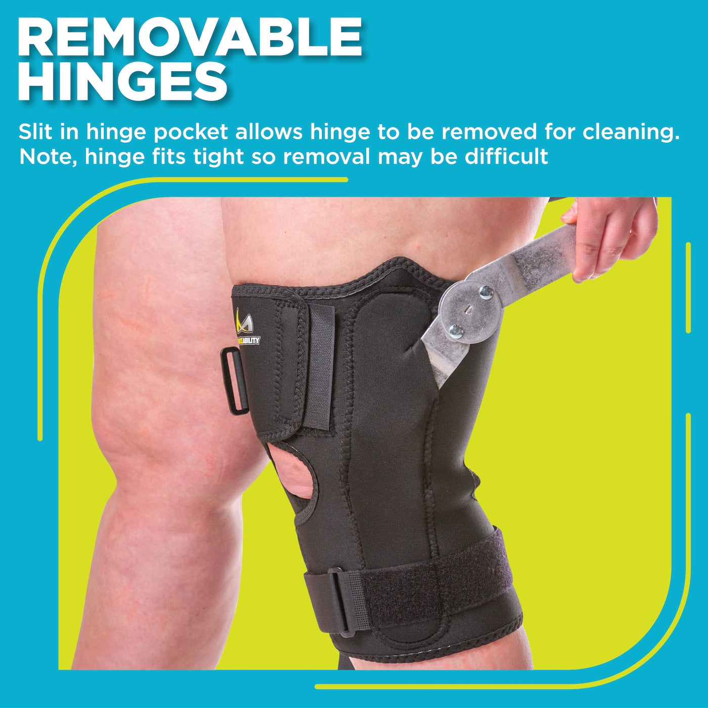 Hinges on our obesity knee pain brace can be removed through a small slit in the hinge pocket