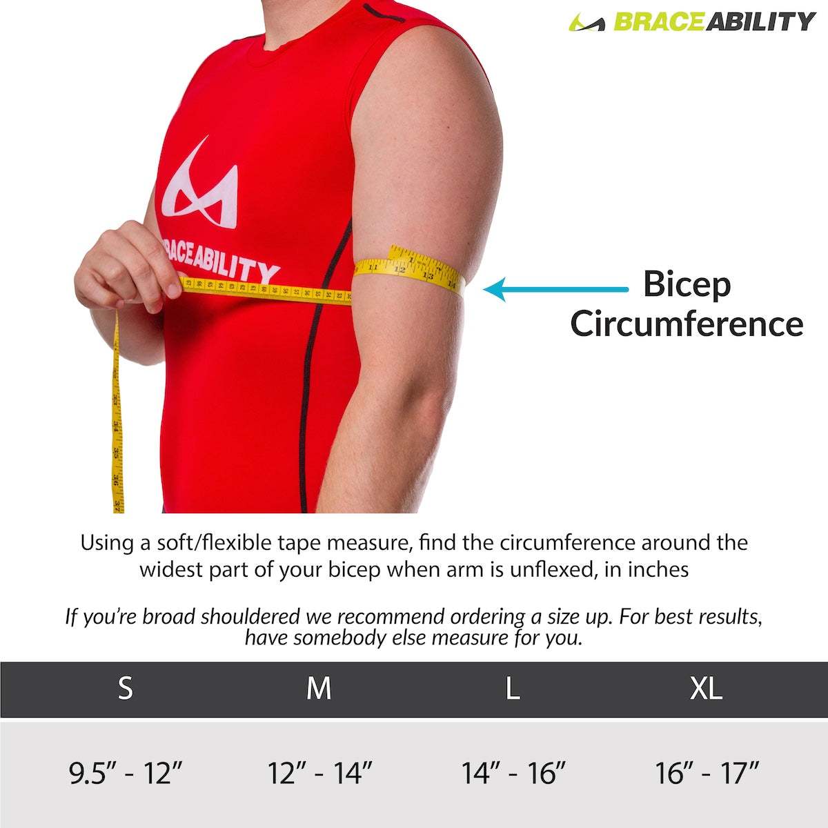 the sarmiento brace sizing chart fits bicep circumferences from 9 to 17 inches in size S-XL