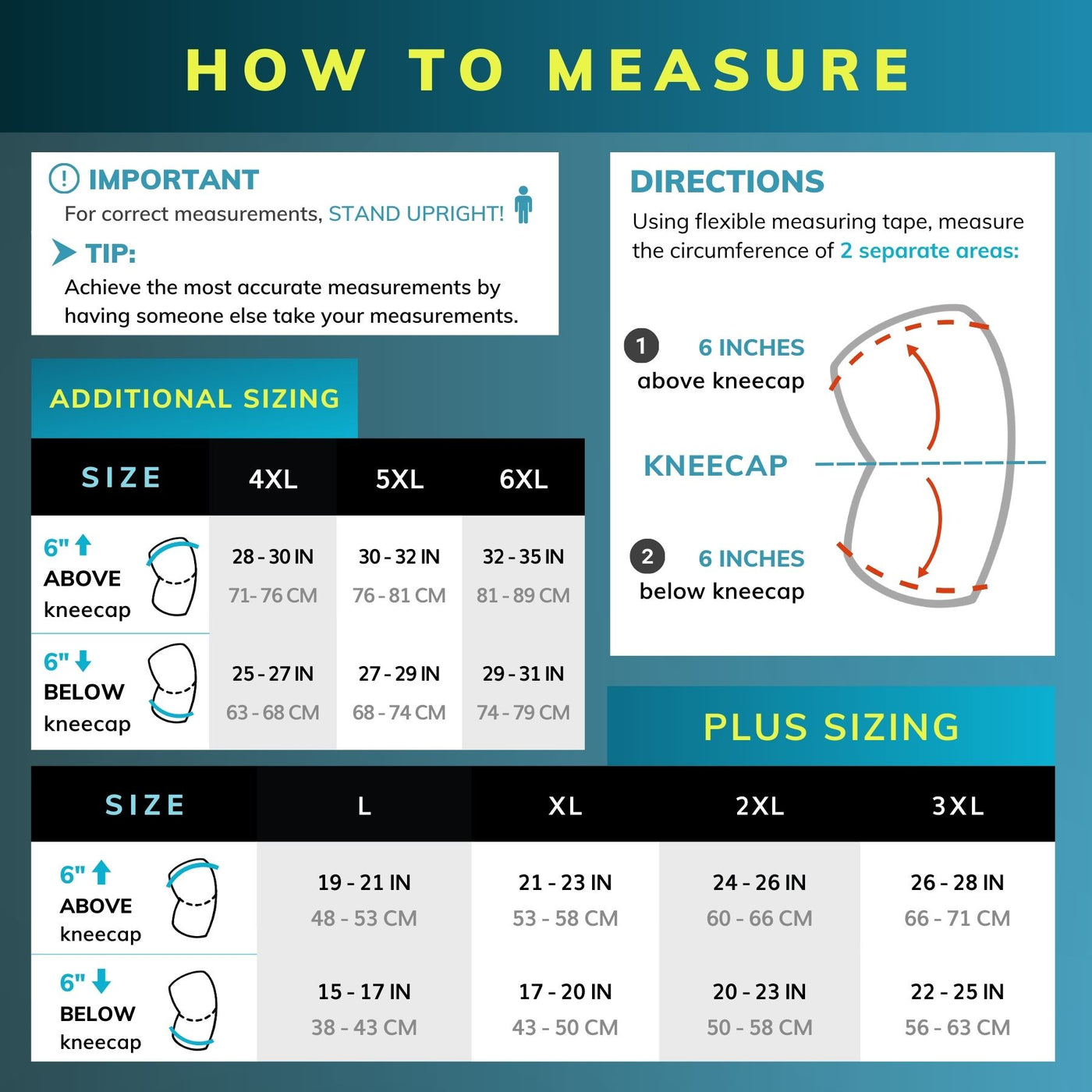 Sizing chart for knee brace for large thighs. Available in sizes L-6XL.