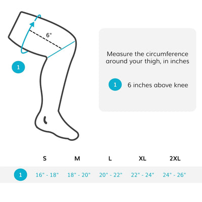 The sizing chart for the BraceAbility elastic slip-on knee brace fits sizes S-2XL up to 26 inch thigh circumferences