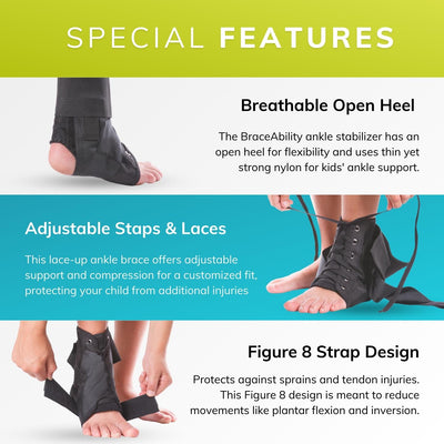 Our open heel kids ankle support is created with figure 8 straps that go under the foot to help reduce range of motion