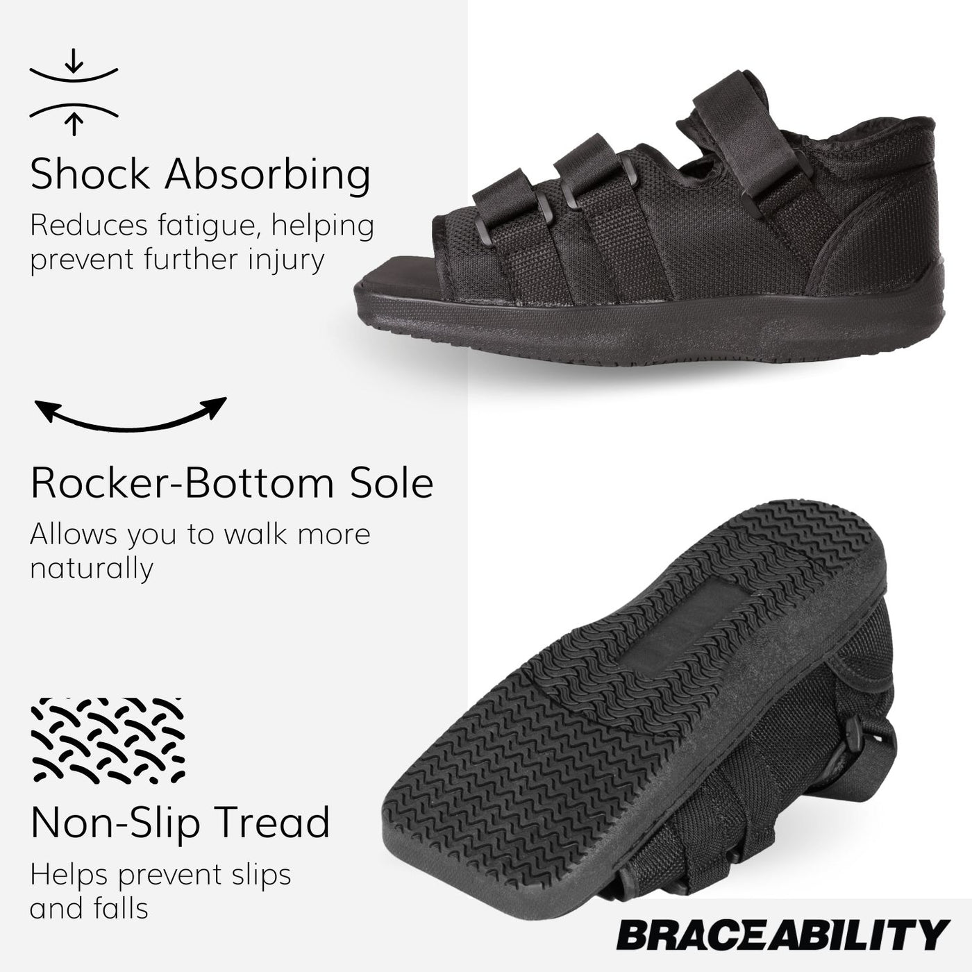 Rigid rocker sole allows for a more natural step while walking and non slip tread helps prevent slips an falls