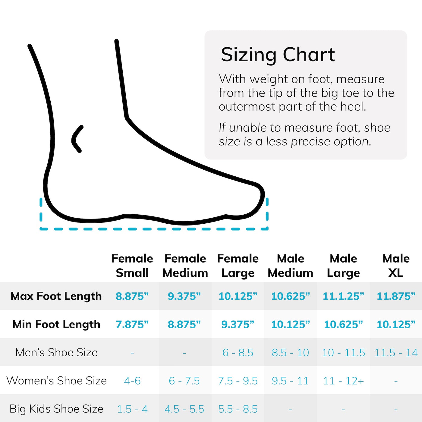 Sizing chart for broken foot walking cast. Available in sizes S-XL for men, women, and big kids.