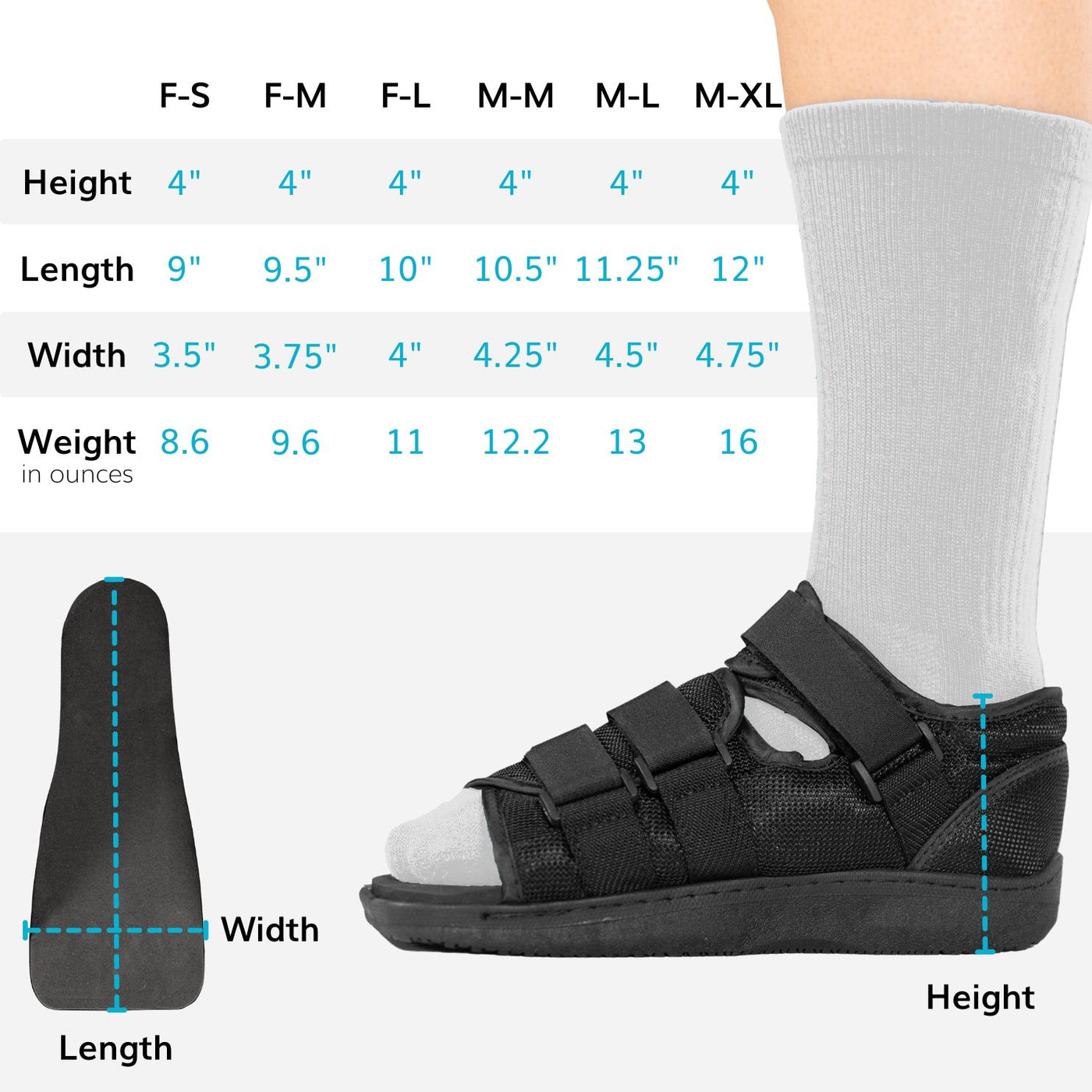 The post op, broken foot and toe fracture shoe comes in six variations with different widths and lengths