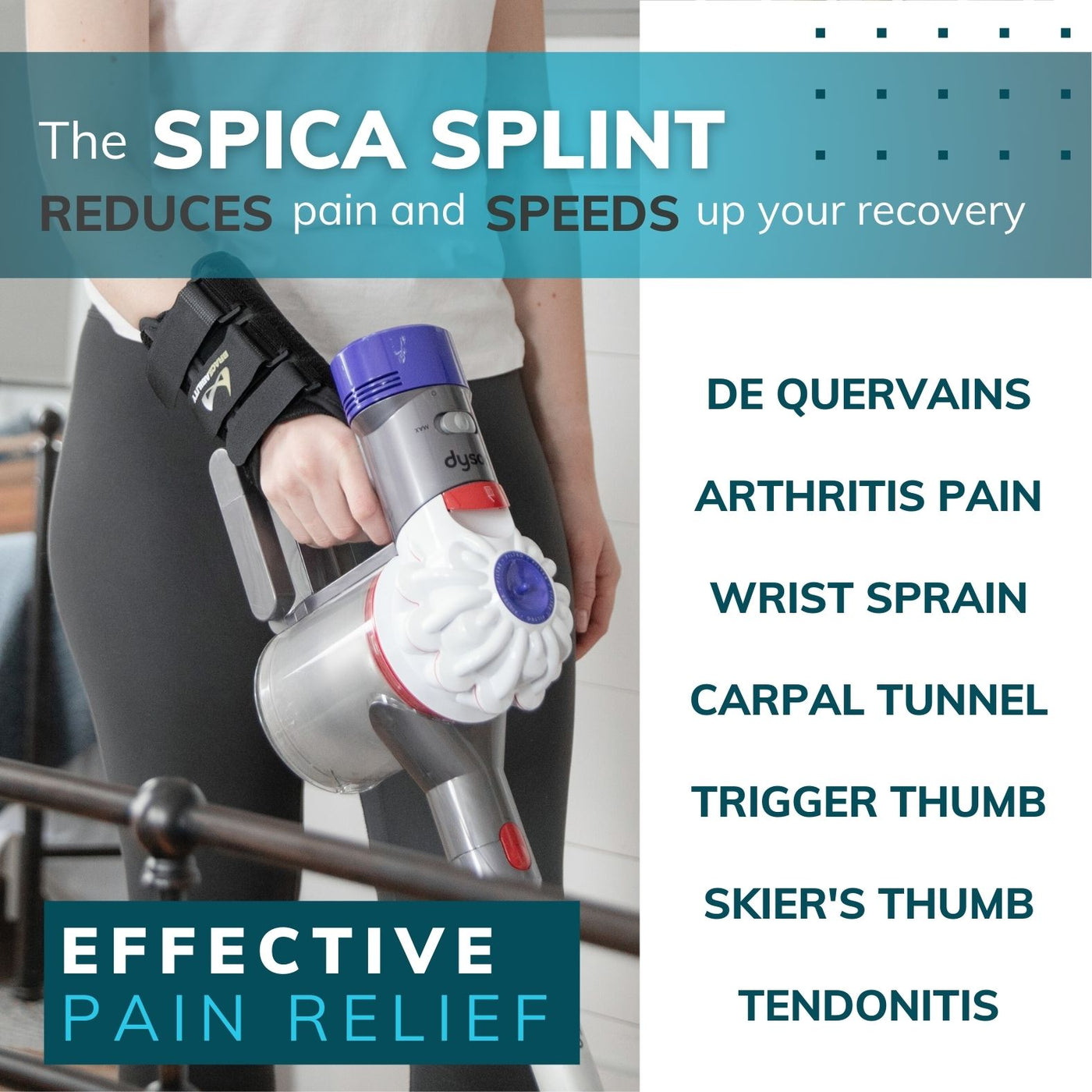 The braceability thumb spica splint reduces pain from arthritis pain, wrist sprain, and trigger thumb
