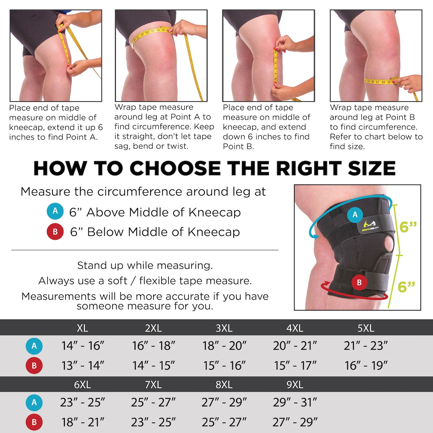 Sizing chart for hinged knee brace is available in sizes XL-9XL