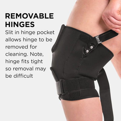 Wrap around knee brace with removable hinges for washing