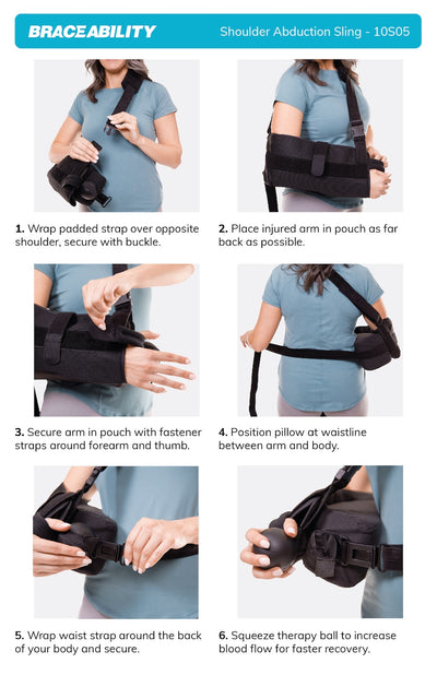 To put on the BraceAbility Shoulder Abduction Sling, put on shoulder strap, put arm in sleeve, wrap strap behind back and fasten