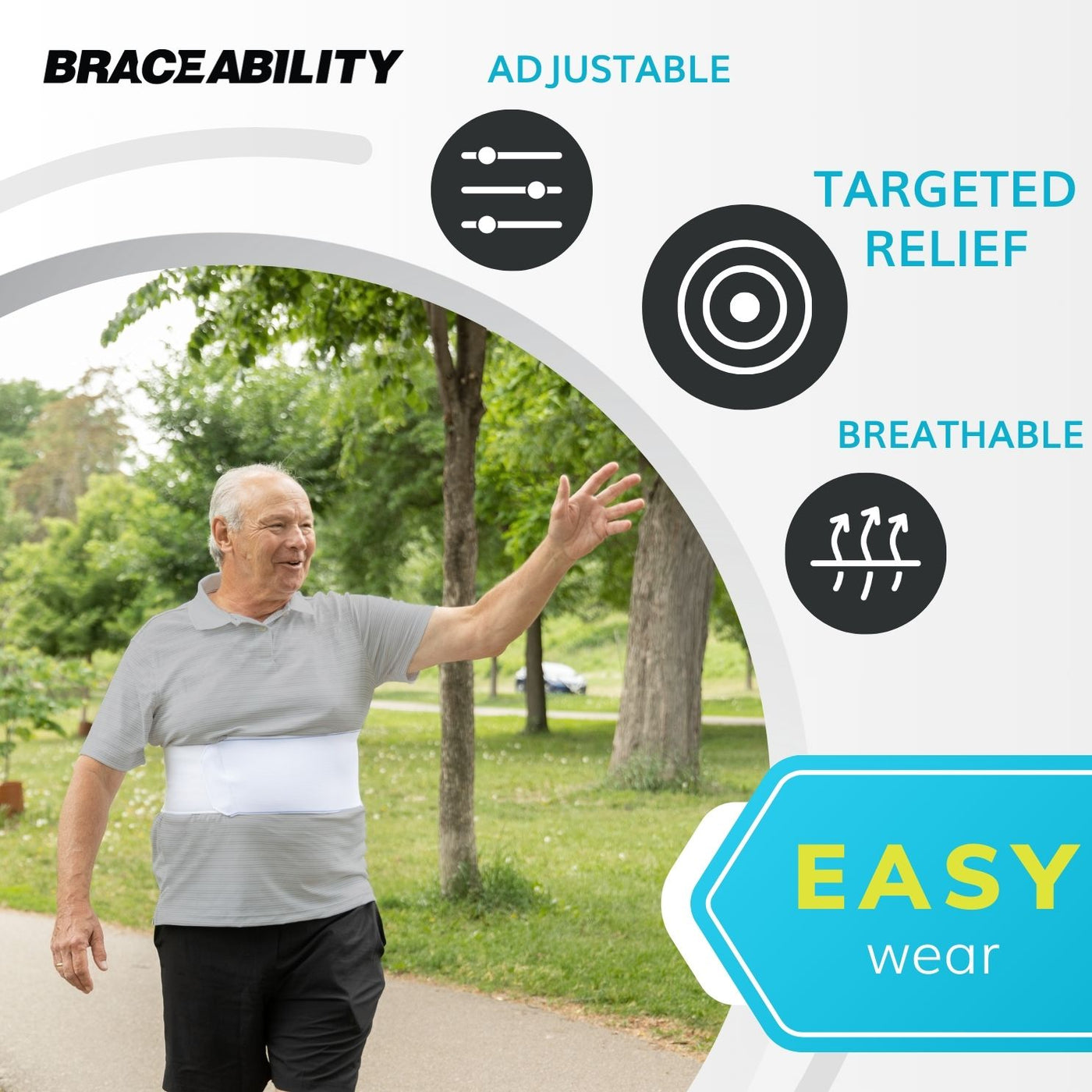 The braceability chest binder has an adjustable fastener to provide targeted relief to rib injuries