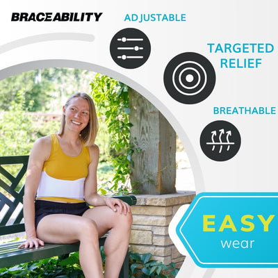 Support for treating fractured or bruised ribs secures at the front of the brace with adjustable fasteners