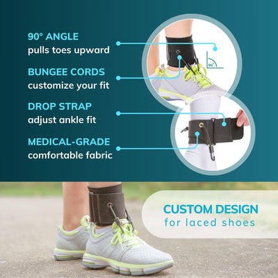Our drop foot treatment brace pulls toes upwards keeping your foot near a ninty degree angle