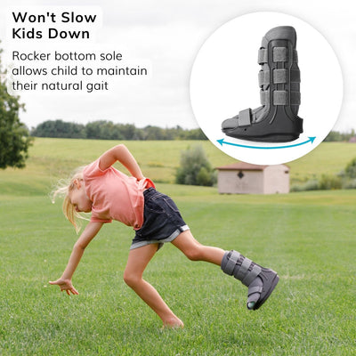 the kids walking boot has a rounded bottom that allows children to keep their natural gait
