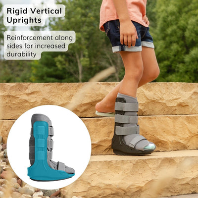 The pediatric ankle stabilizing boot has vertical uprights for increased durability