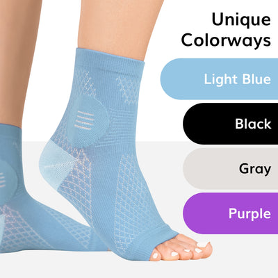 The braceability neuropathy compression socks come in three unique colors, light blue, black, gray, and purple