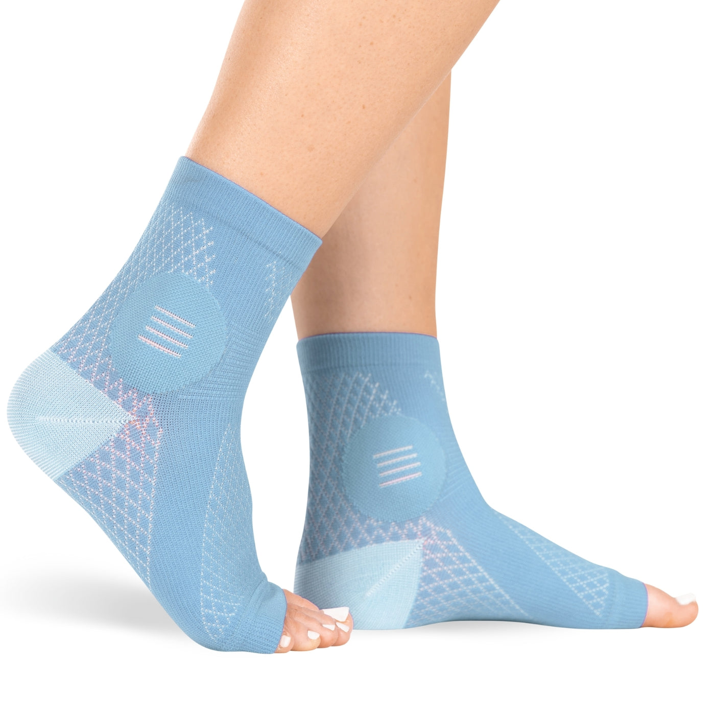 The BraceAbility light blue compression neuropathy socks give quick relief from painful peripheral neuropathy and nerve damage with these socks for diabetic foot pain.
