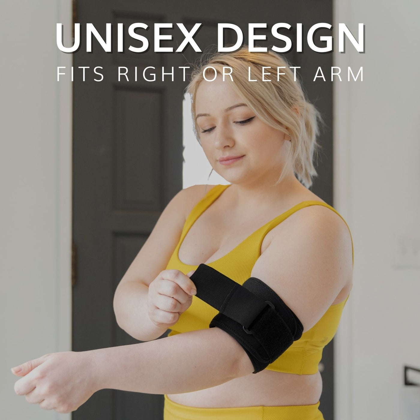 Our upper arm brace is unisex and can be worn on your right or left arm over the bicep