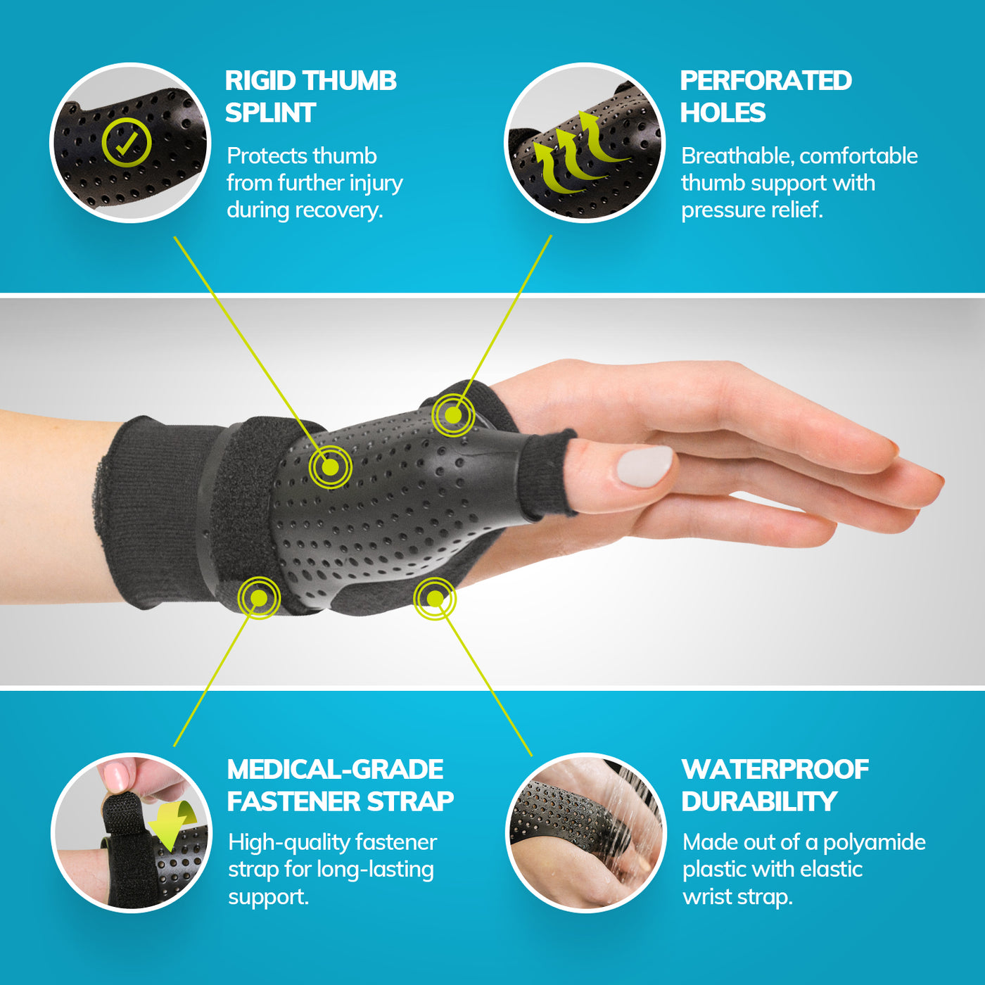 our breathable thumb spica is made with rigid plastic to protect thumb injuries