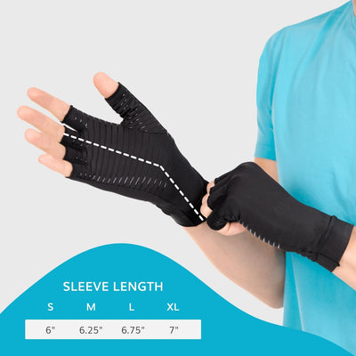 the fingerless arthritis gloves are about 6.5 inches in length going just over the wrist while wearing
