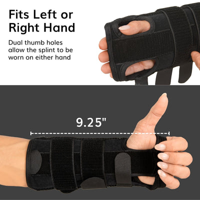 The volar wrist and hand brace is reversible to fit the left or right hand
