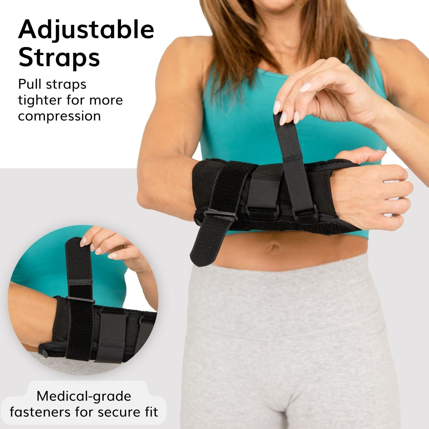 The volar resting wrist splint has adjustable straps, pull tighter for added compression