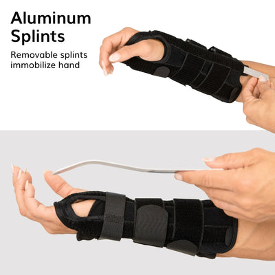 The volar wrist brace has two aluminum splints that are used to immobilize the wrist and hand