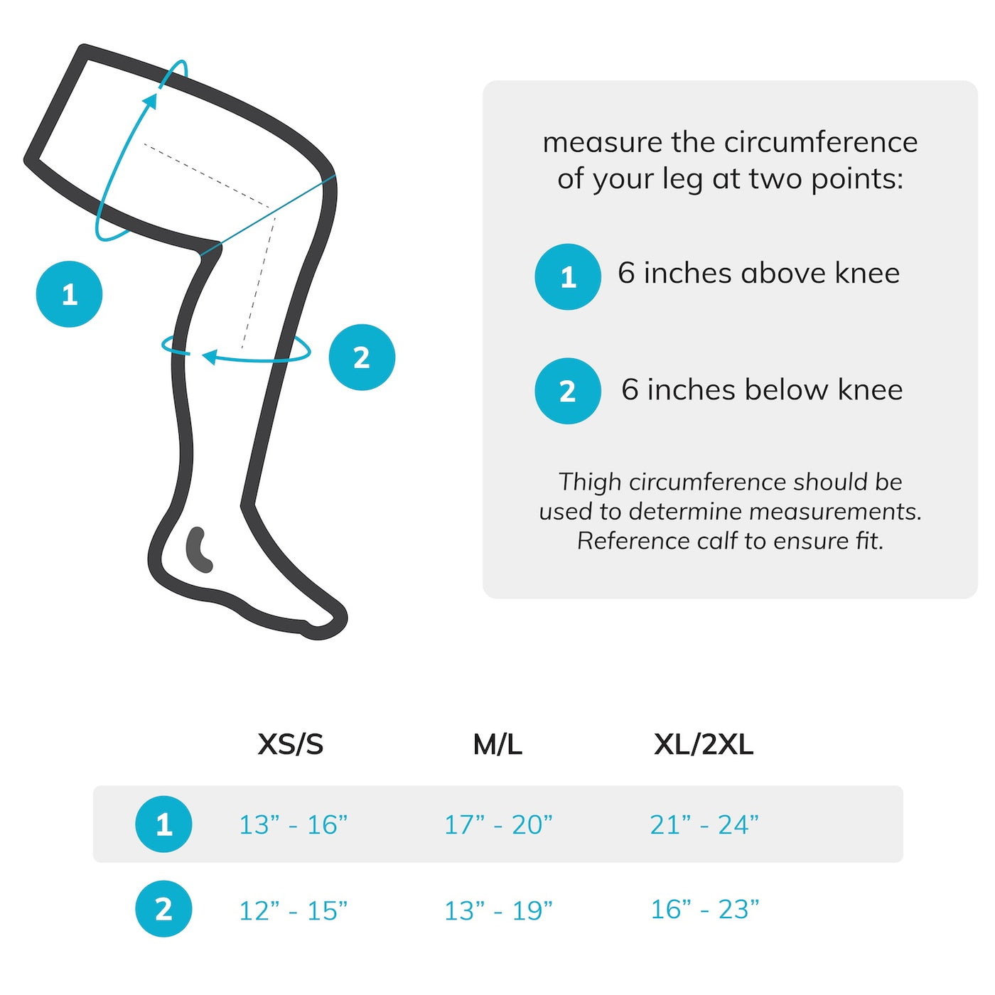 Sizing chart for BraceAbility compression athletic bamboo charcoal knee sleeve. Available in sizes XS-2XL.