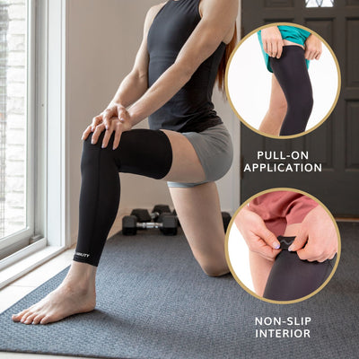our full leg thigh compression sleeve has a non-slip band to prevent brace brace from moving