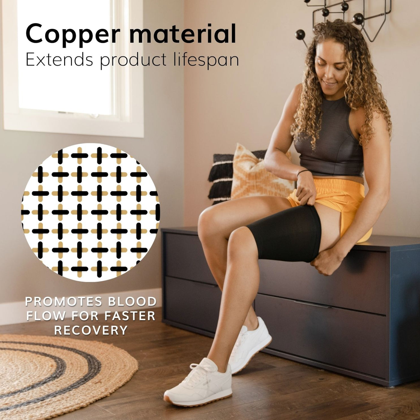 Our thigh sleeve is made with copper infused nylon to help reduce odor while recovering from a hamstring strain