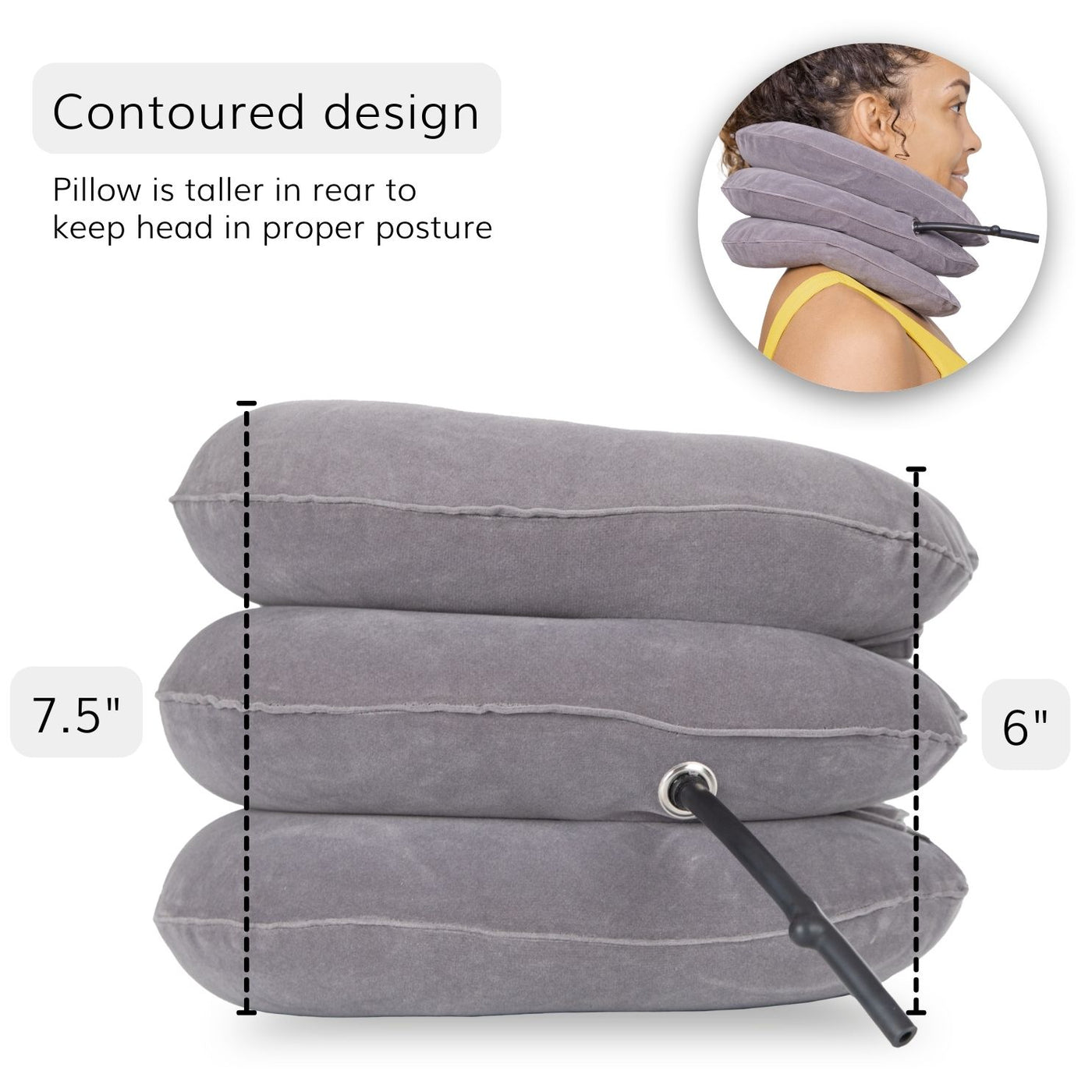 Our contoured neck pillow for pain relief is taller in the back to keep head in proper posture