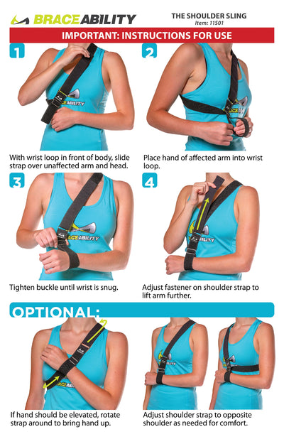 Simply slip the support strap over your head and over an arm to immobilize your arm or shoulder as shown on instruction sheet