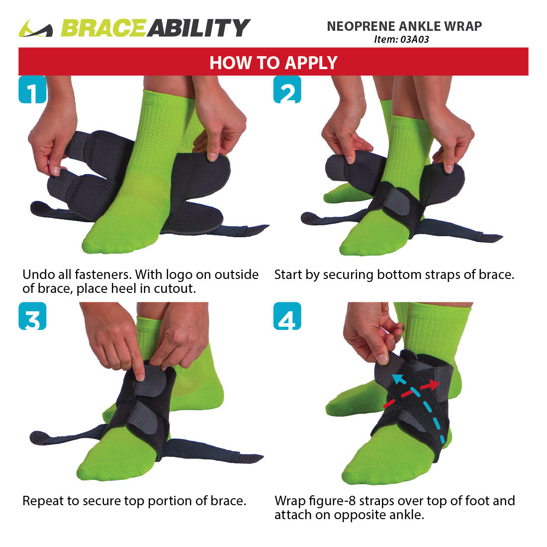 instruction sheet for waterproof ankle brace wrapping the foot strap, then the ankle strap. The fasten the right figure 8 strap by wrapping it under your heel. Finish by wrapping the figure 8 strap on the right size.