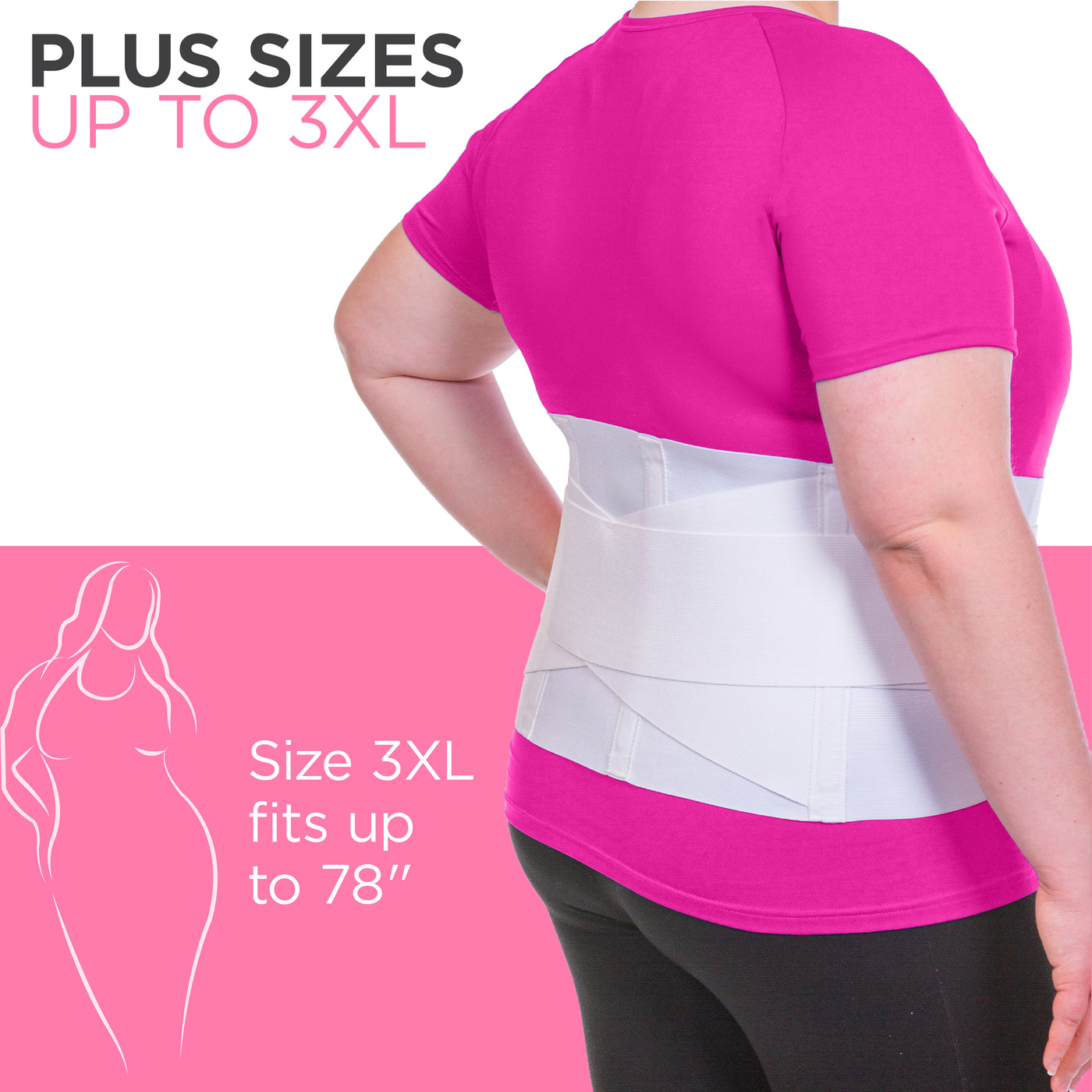 Plus size back brace fits body circumferences up to 78 inches