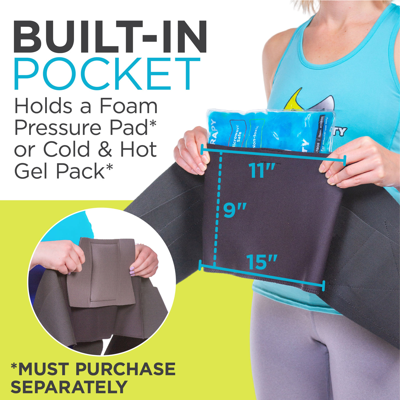 Built-in pocket can hold a foam pressure pad or cold and hot gel pack in the sleeping back brace