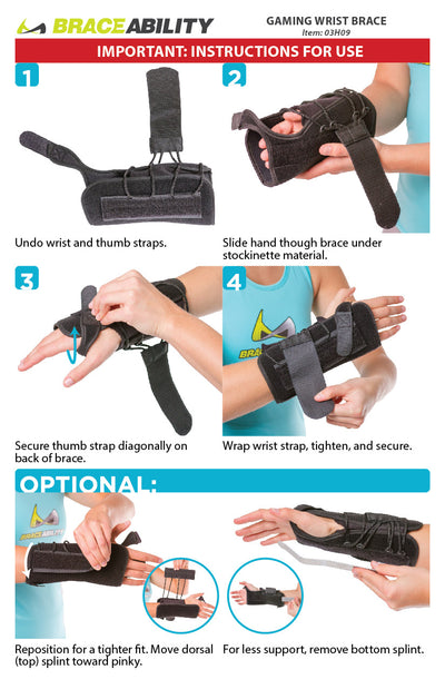 Using the instruction sheet, insert hand into brace, under stockinette, and tighten straps