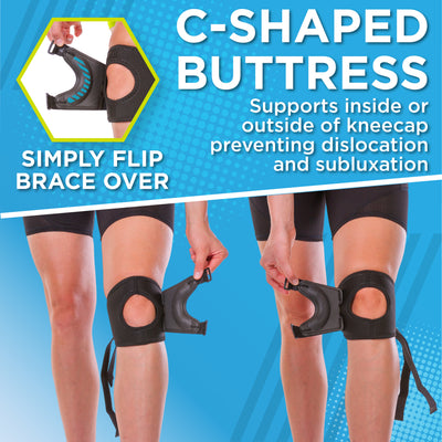 The c-shaped buttress on on the patella stabilizing knee brace works for inside or outside of kneecap