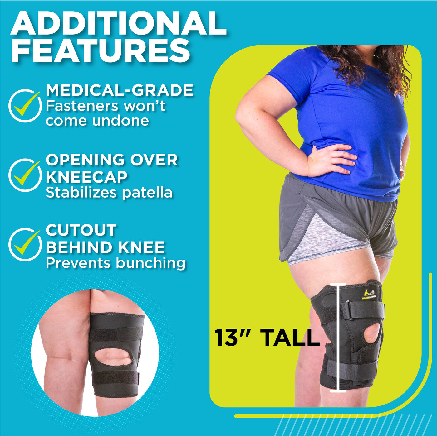 Opening over kneecap and behind knee allow for more stability and less bunching on the plus size knee brace for obesity