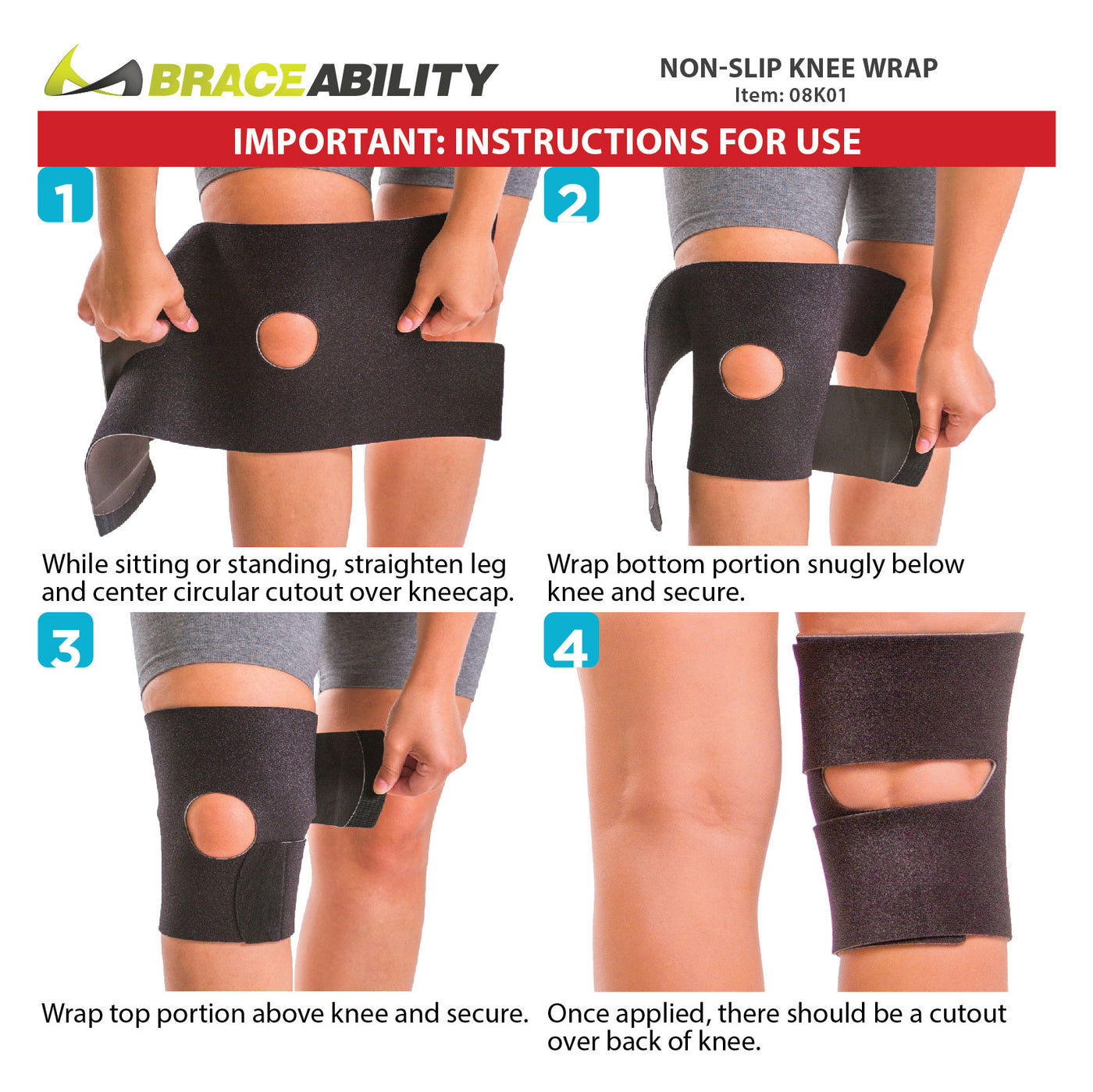 How to put on the non slip knee wrap instruction sheet
