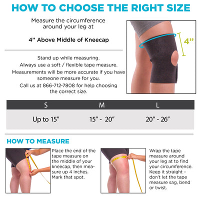 Sizing chart for athletic knee brace. Available in sizes S-L.