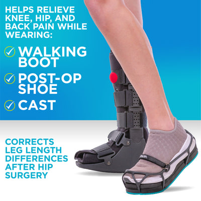 The BraceAbility shoe lift for leg length discrepancy relieves knee, hip, and back pain in a walking boot