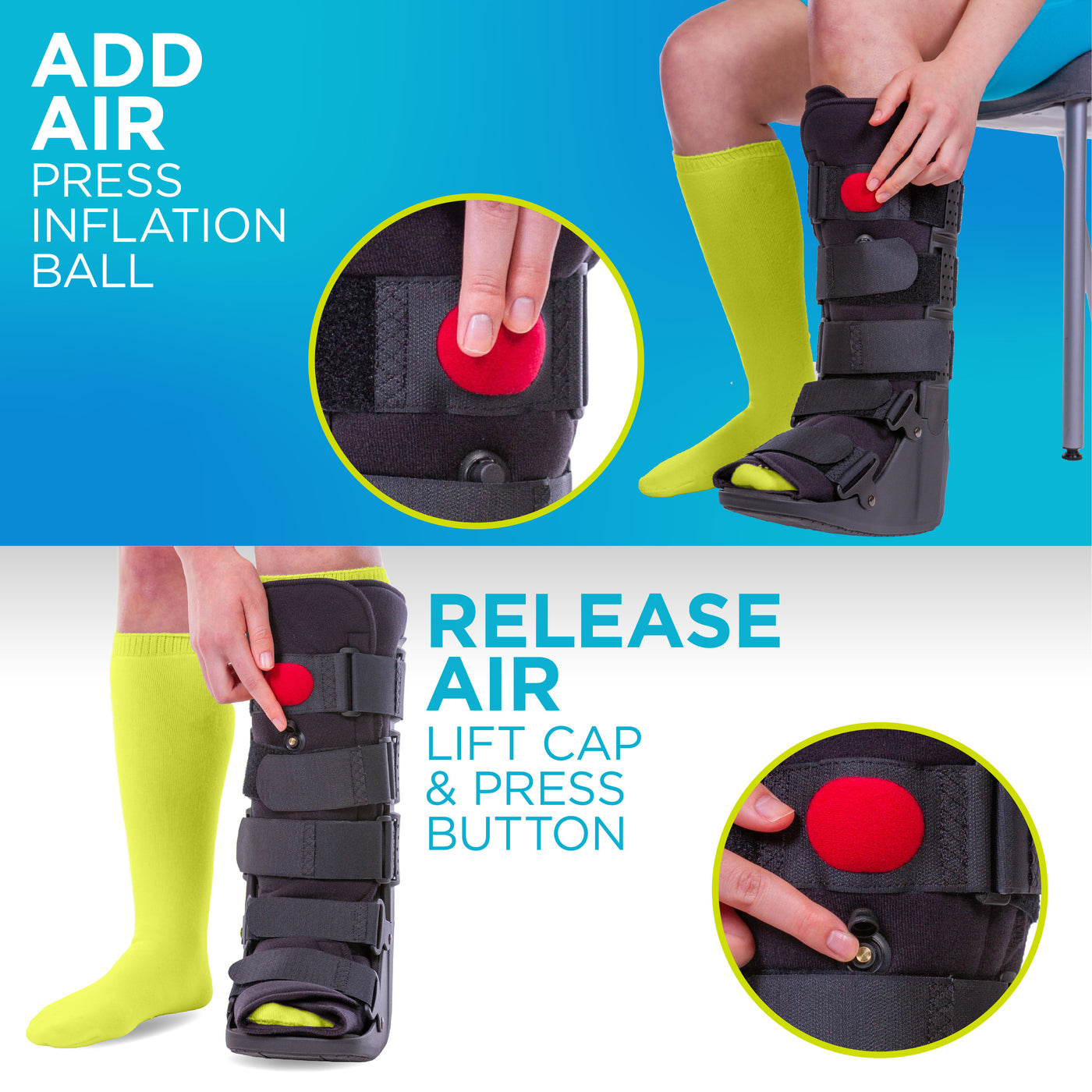 The walking boot with air pump is easy to inflate and deflate with a built in chamber