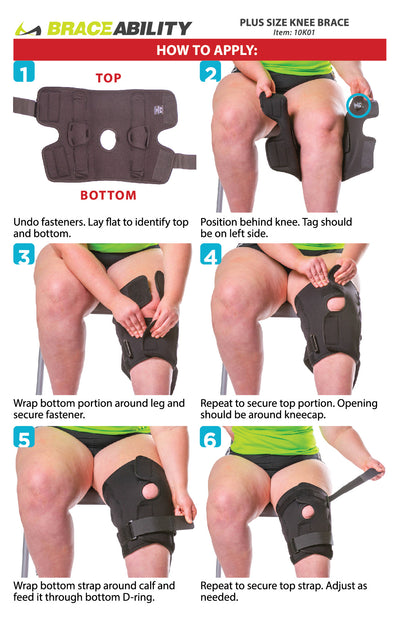 To apply this hinged wrap-around knee brace follow these 6-step instructions