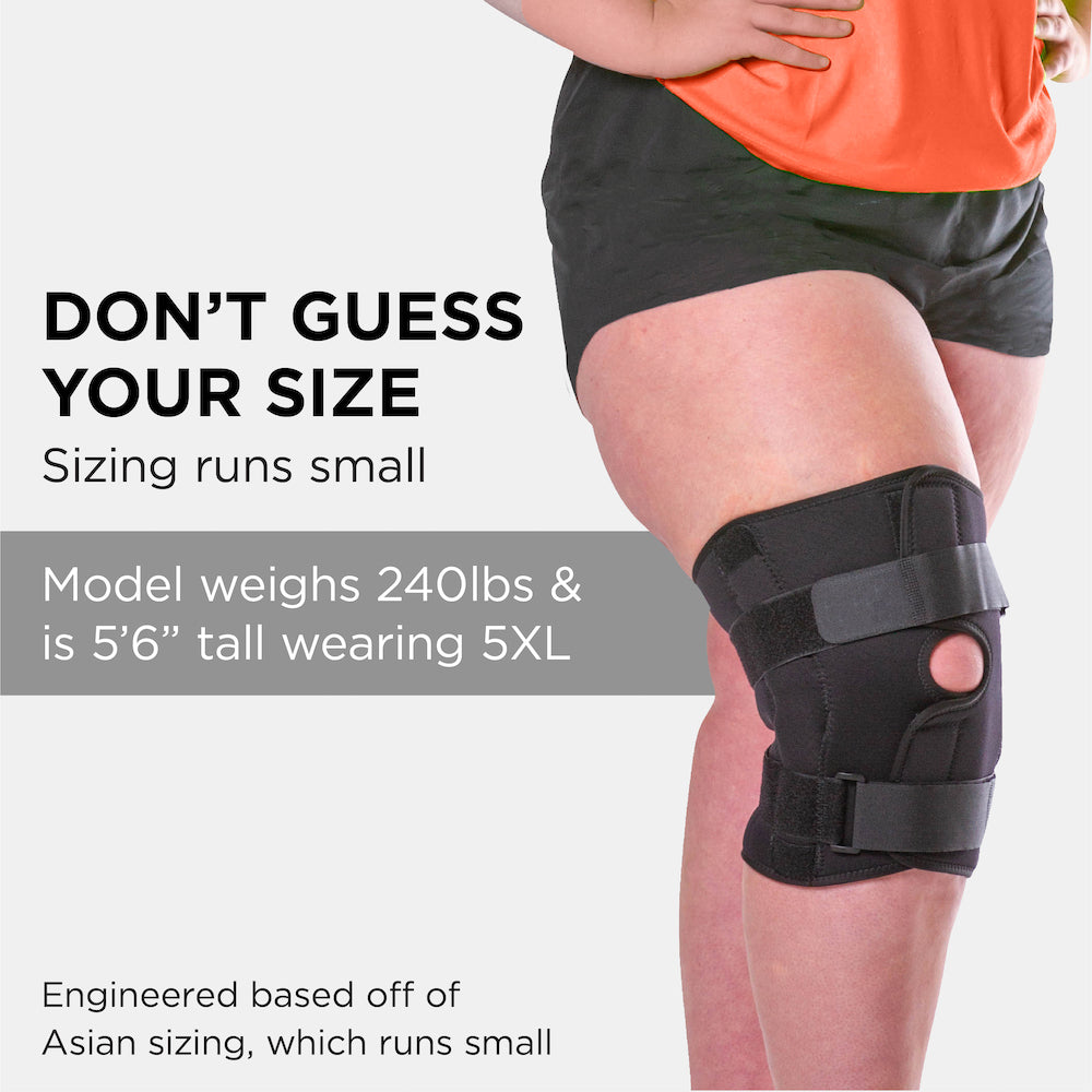 The plus size hinged knee brace runs smaller than traditional clothing or brace sizies