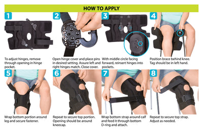 to put on the hinged range of motion knee brace is simple to put on with a wrap around bottom portion with two additional fastener straps after