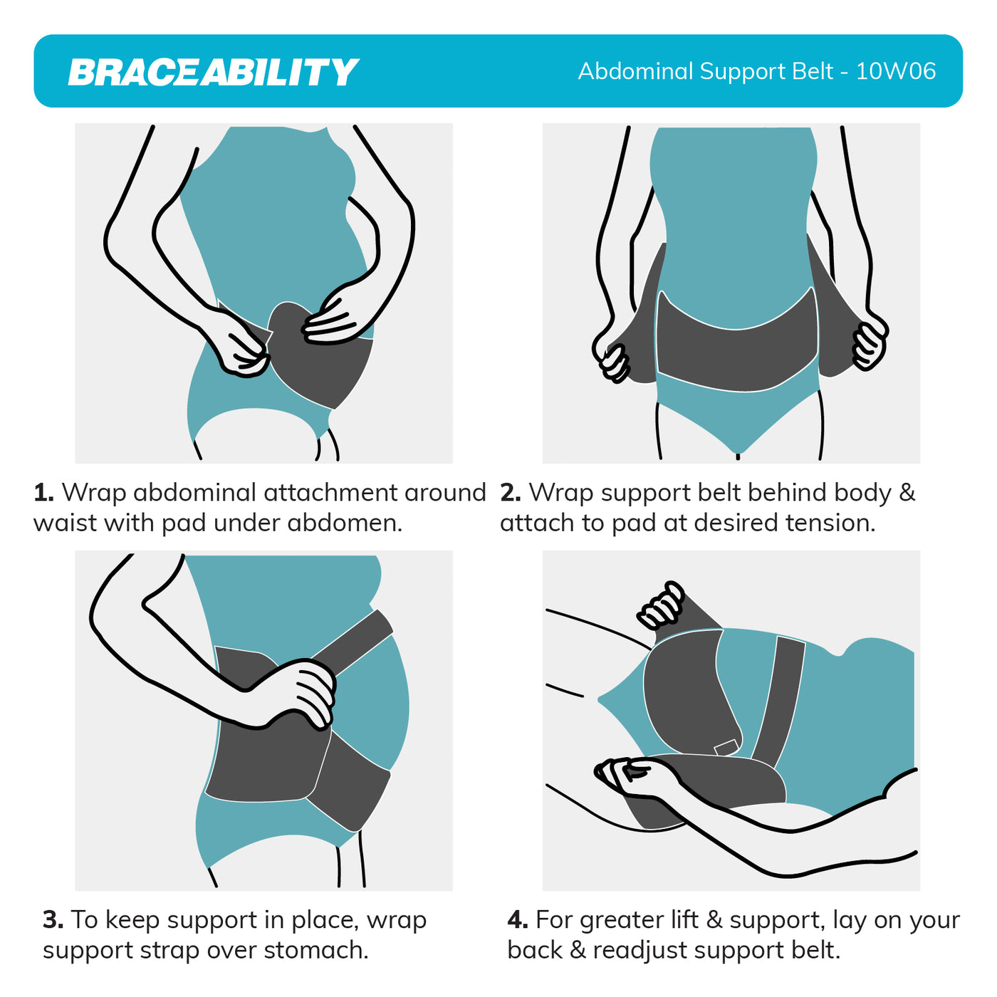 the instruction sheet for the obesity belt stomach holder wrap pad under belly followed by support belt