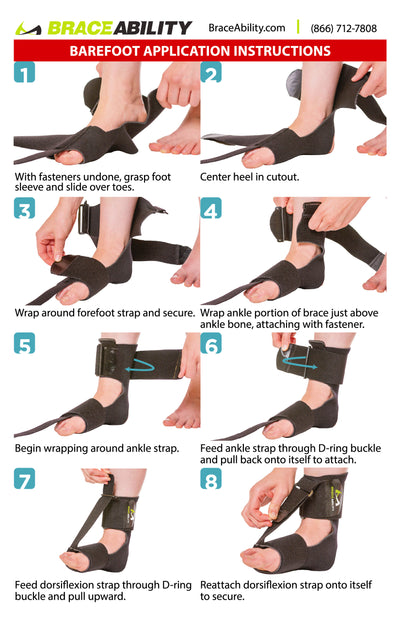 the instruction sheet for the barefoot afo brace shows putting on the brace like a sock, wrapping the ankle strap, then wrapping the foot strap