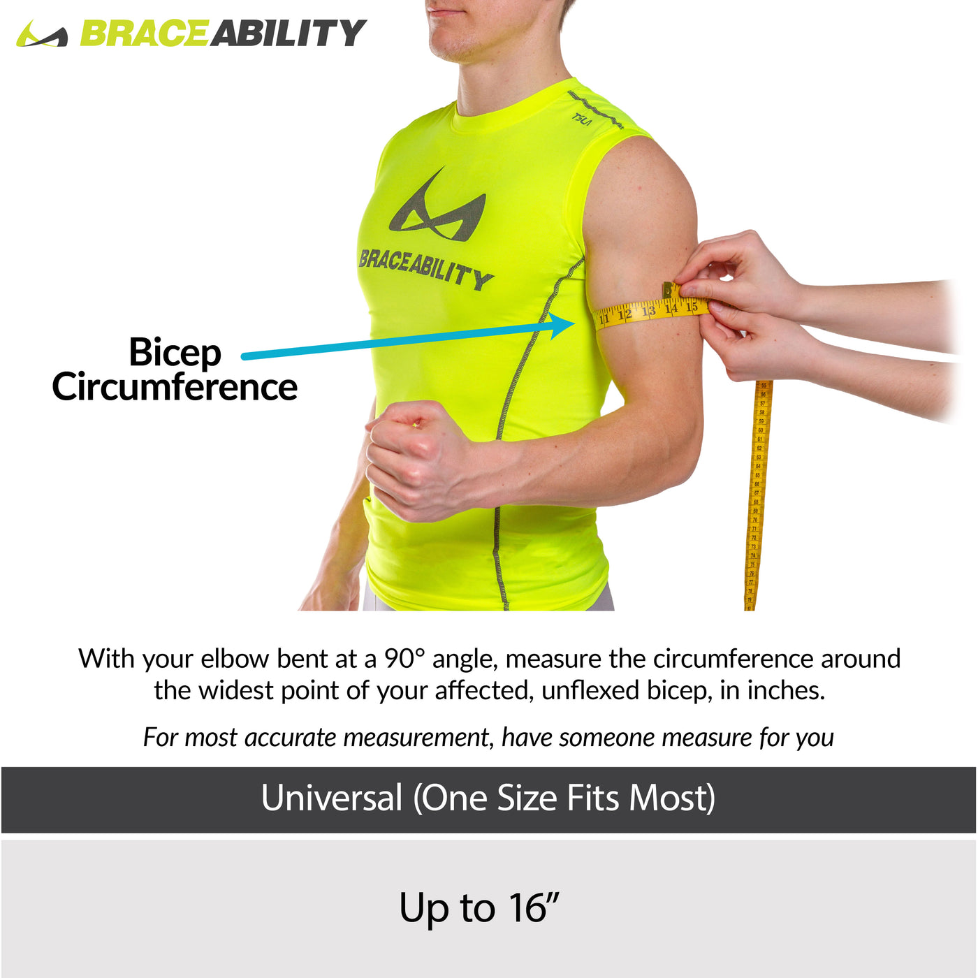 the sizing for the cubital tunnel brace comes in one size that fits bicep circumferences up to 16 inches